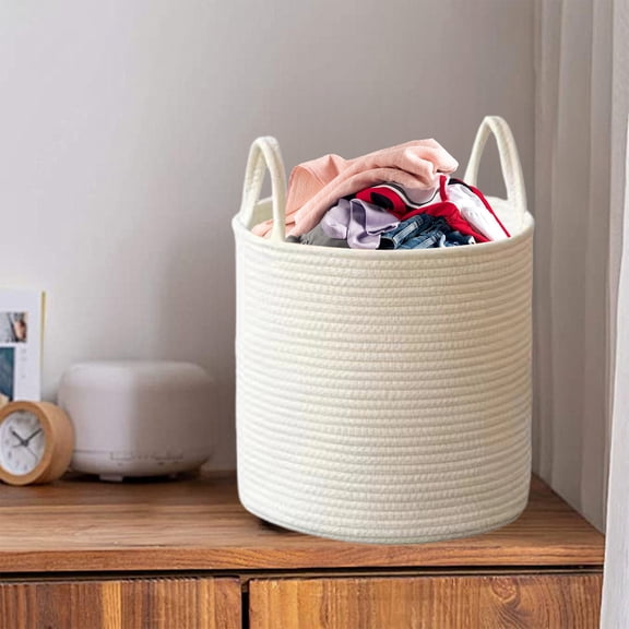 Lunxisen 1 Pcs Woven Storage Basket with Handles, Cotton Rope Baskets for Gifts Empty, Dog Toys, Diapers, Towels, Easter Baskets for Kid(L)