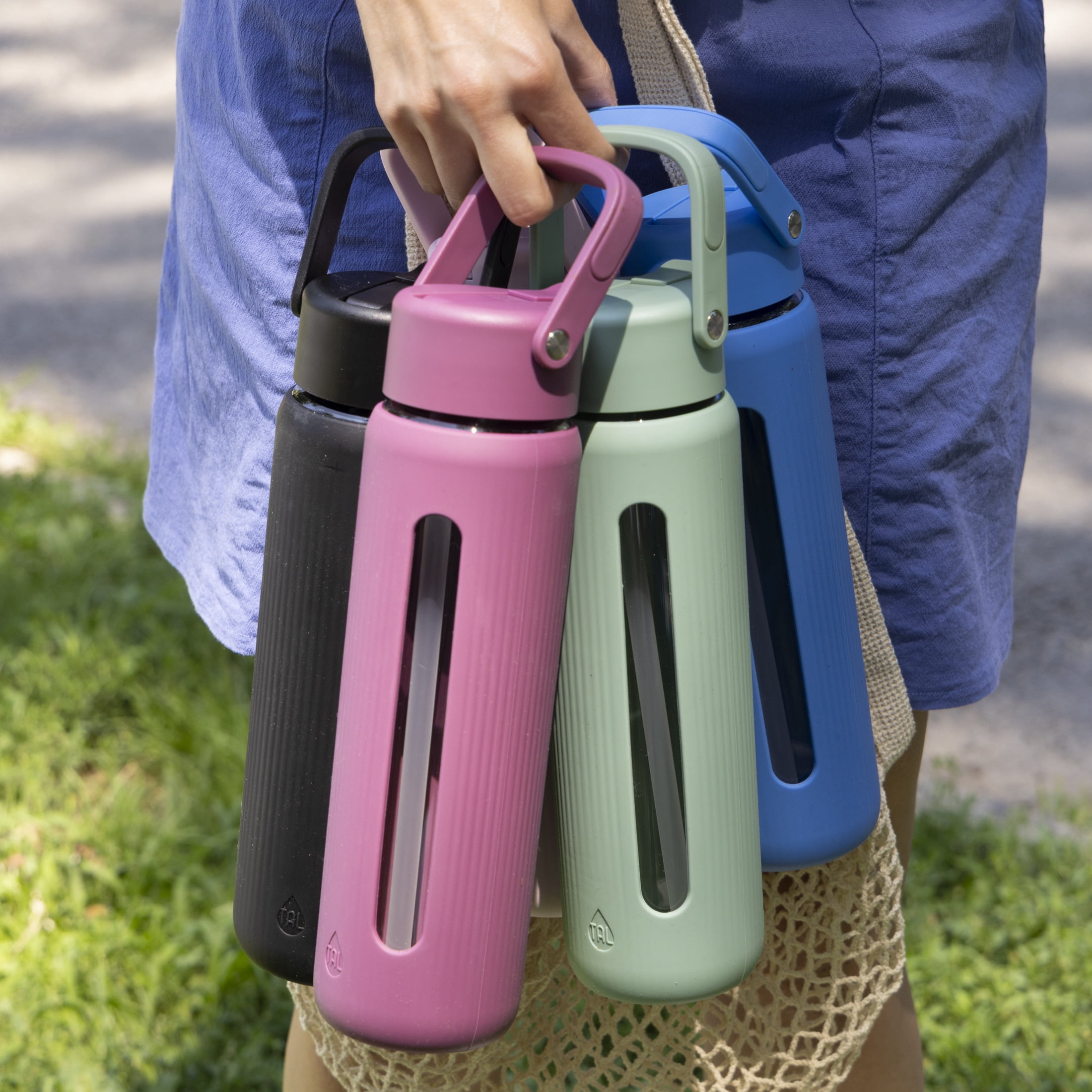 TAL 24oz Glass Willow Water Bottle with Flip-up Straw and Handle, Sage