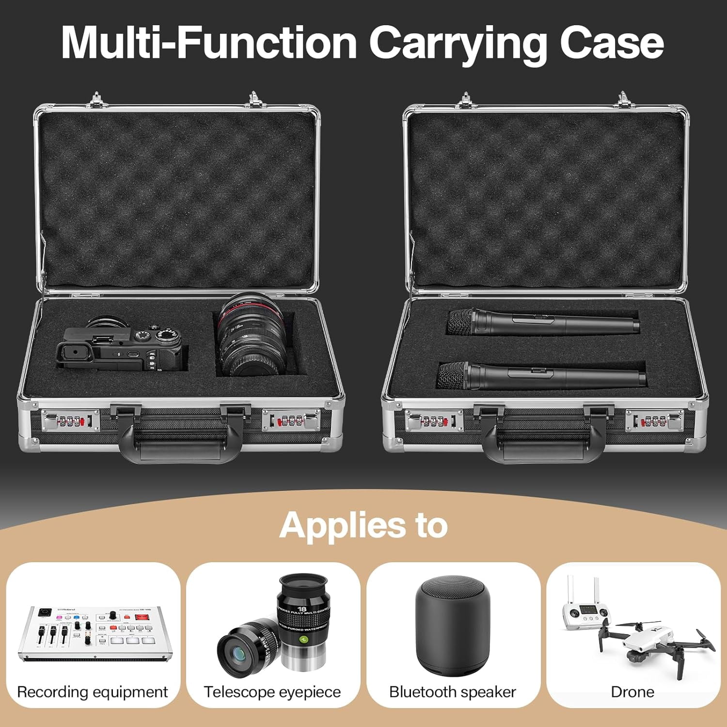Combination Lock Box - Locking Storage Case with Customizable Foam, 14.2" Portable Lockable Case for Personal Items, Valuables, Documents, Briefcase for Jewelry, Cash, Medications, Black