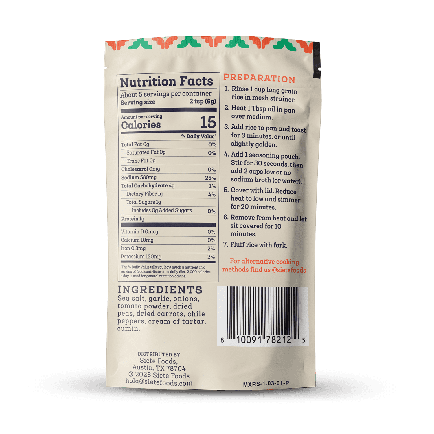 (2 pack) Siete Traditional Mexican Rice Seasoning, Gluten Free, 1.03 oz