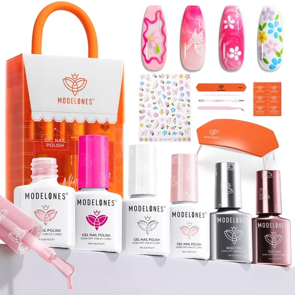 Modelones Gel Nail Polish Kit with UV Light, with 4 Gel Nail Polish & Base Coat & Top Coat, 0.24 fl oz per gel bottle, 14 Count Bottle