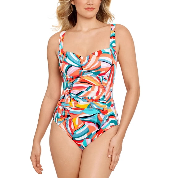 Swim Solutions PALM ART Shirred Tummy-Control One-Piece Swimsuit, US 12