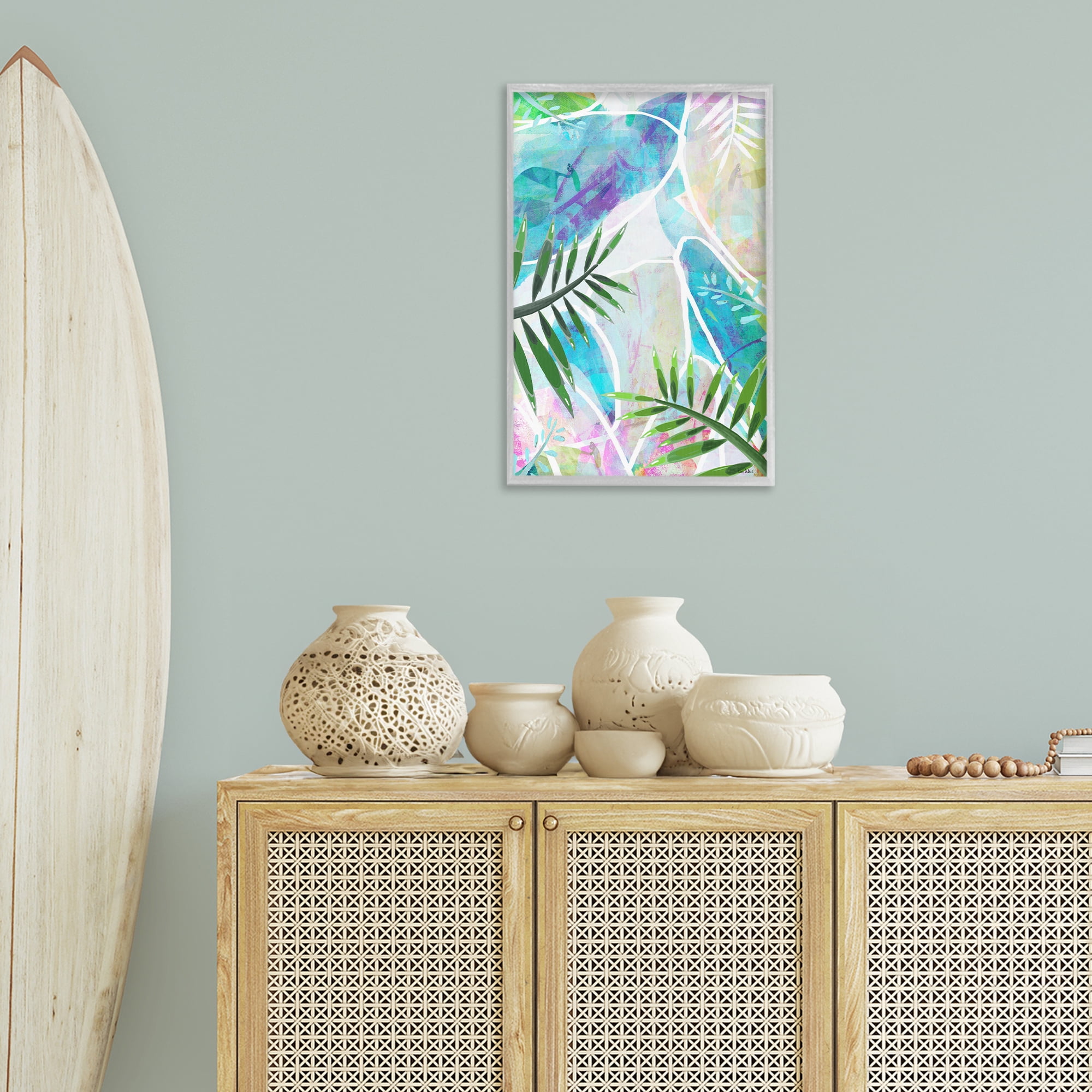 Stupell Industries Layered Tropical Leaves Coastal Painting Gray Framed Art Print Wall Art, 16 x 24