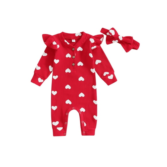 Sylvamorning Valentine's Day Baby Girls Jumpsuit 3M 6M 12M 18M Heart Print Long Sleeve Button V-neck Footless Rompers with Bow Headband Newborn Infant Sweet Casual Outfit