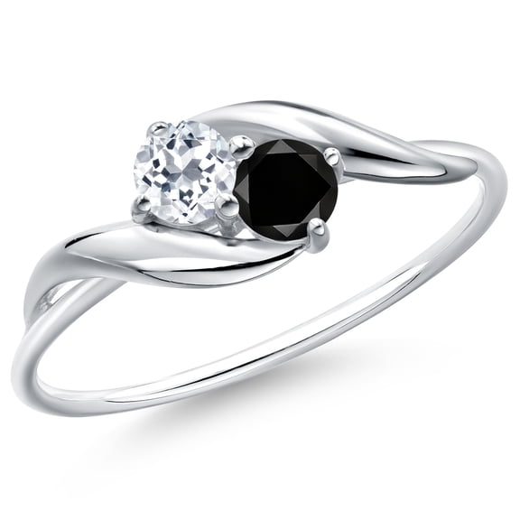Gem Stone King 10K White Gold Round White Topaz and Black Diamond Ring for Women (0.39 Cttw, Round 3.5MM, Gemstone November Birthstone, Size 9)