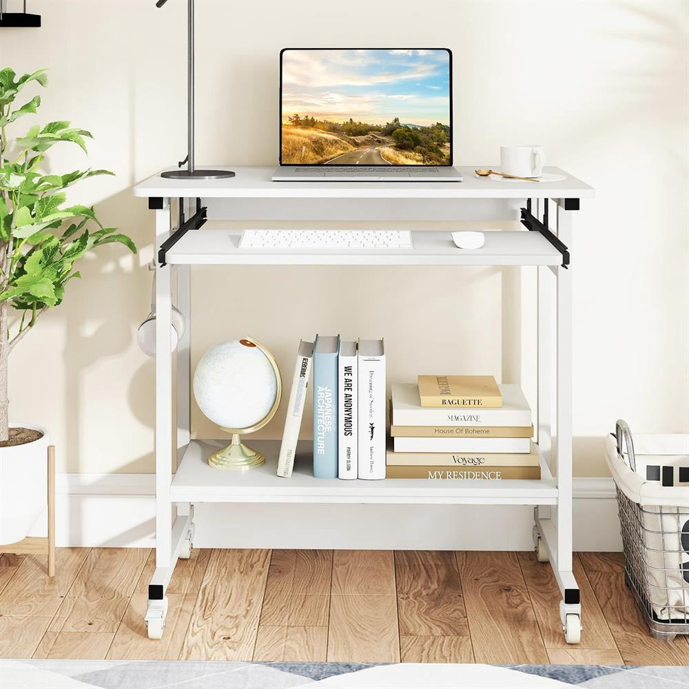 Topcobee Rolling Laptop Table with Pull-out Keyboard Tray and Hooks, Stand up Desk, Bedroom Desk, Modern Furniture for Home-White