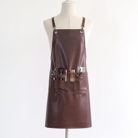 Retro industrial style PU leather apron made of crazy horsehide material for hairdressers, anti oil stains, adjustable shoulder straps, work apron - coffee color