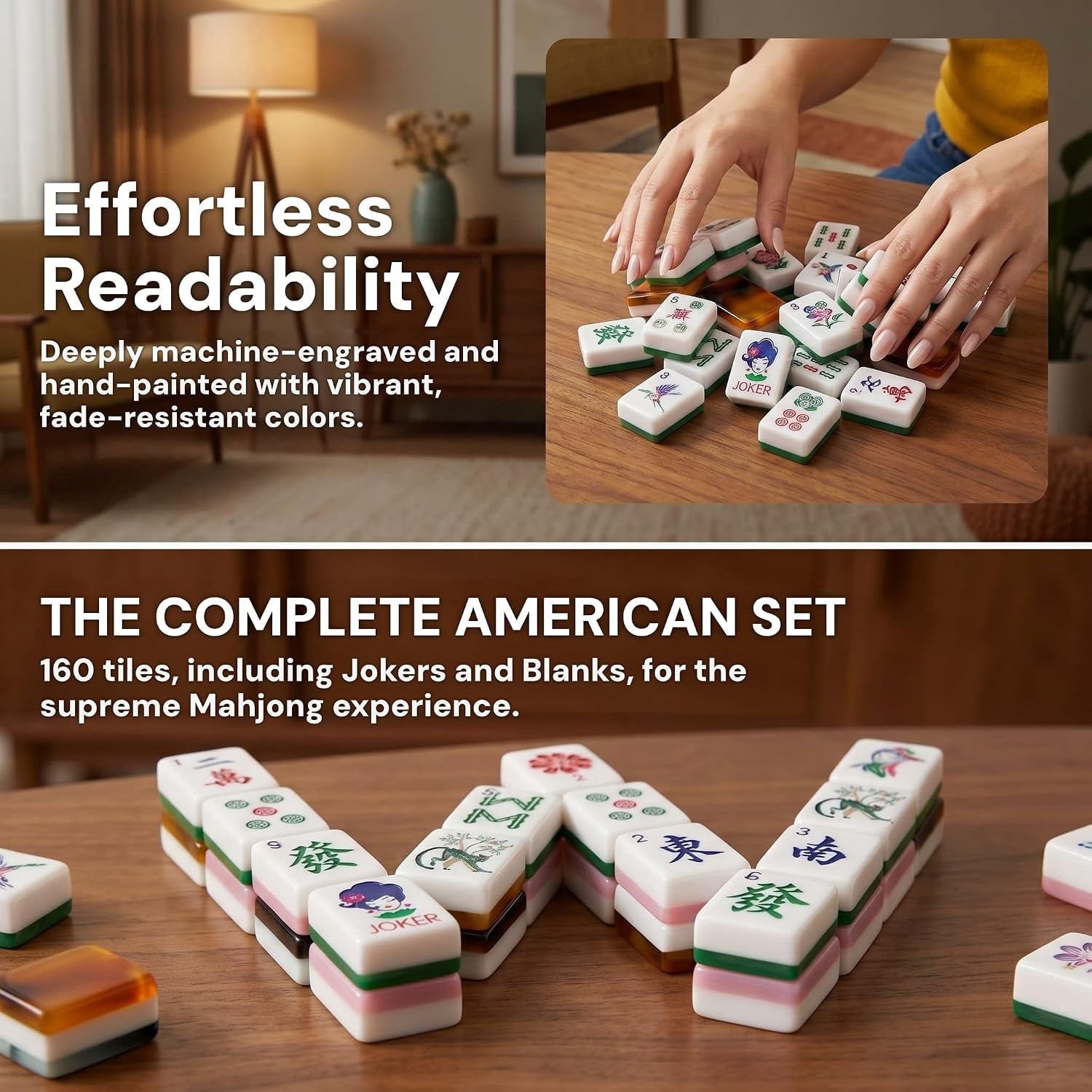 Premium American Mahjong Set 160 Tiles, 4-Layer Acrylic Mahjong Tiles with Preppy Botanical & Chinoiserie Designs, Portable Western Mah-Jongg Game Set，Grandmillennial Decor