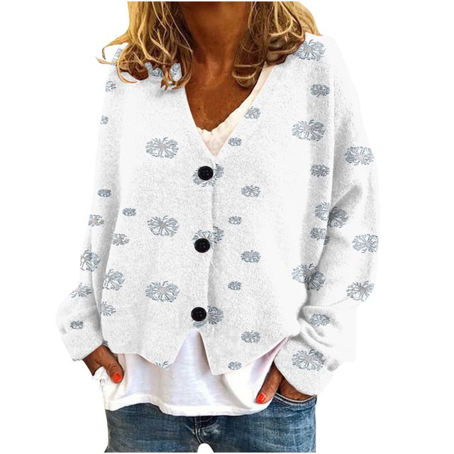 WRKEKC Botanical Print French Wool Plush Jacket Button Front Fall Winter Soft Coat with Pockets for Coffee Run and Weekend Style White M