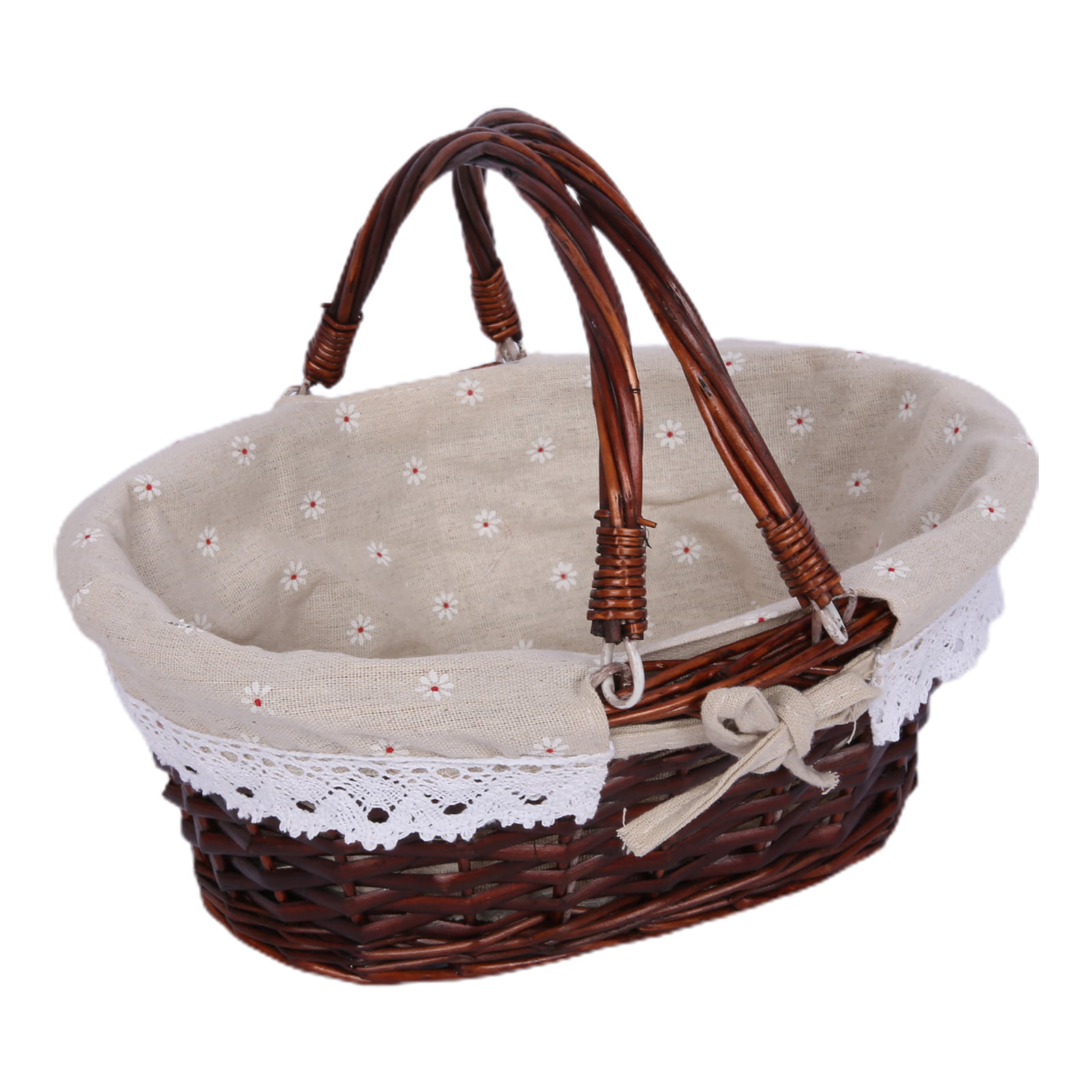 Flower Wicker Picnic Basket with Double Folding Handles Wedding Gifts（Grey Stripe L） Natural Willow Hamper Empty Basket Cheap Easter Eggs Candy Storage Wine Basket for Toy