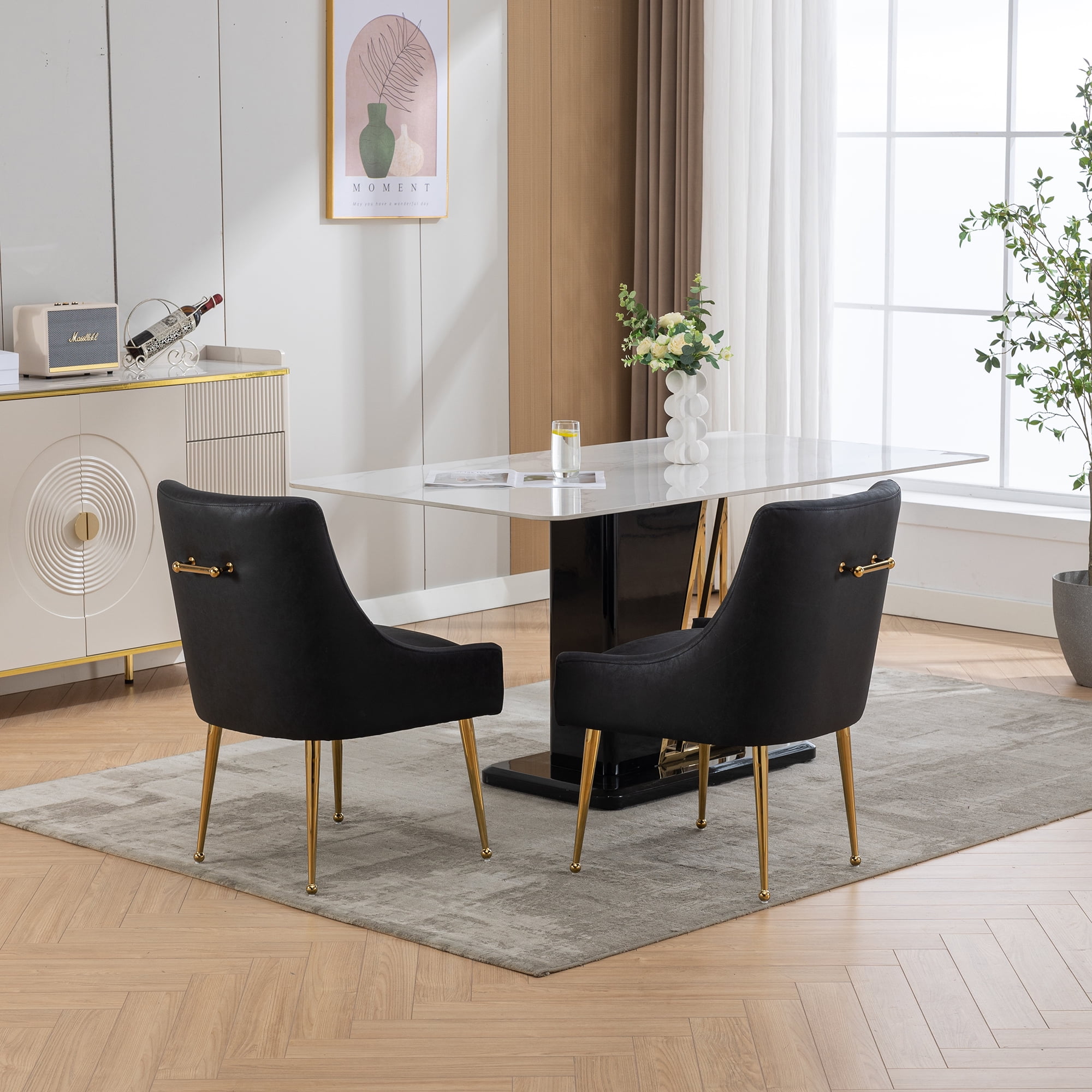 SEYNAR Modern Glam PU Leather Dining Chair or Vanity Chair Set of 2 with Rear Handle(Black)