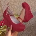thumbnail image 5 of Platform Wedge Suede Loafers for Women Round Toe Chunky Heel Non Slip Casual Dressy Shoes with Ankle Strap Red Size 6.5, 5 of 8