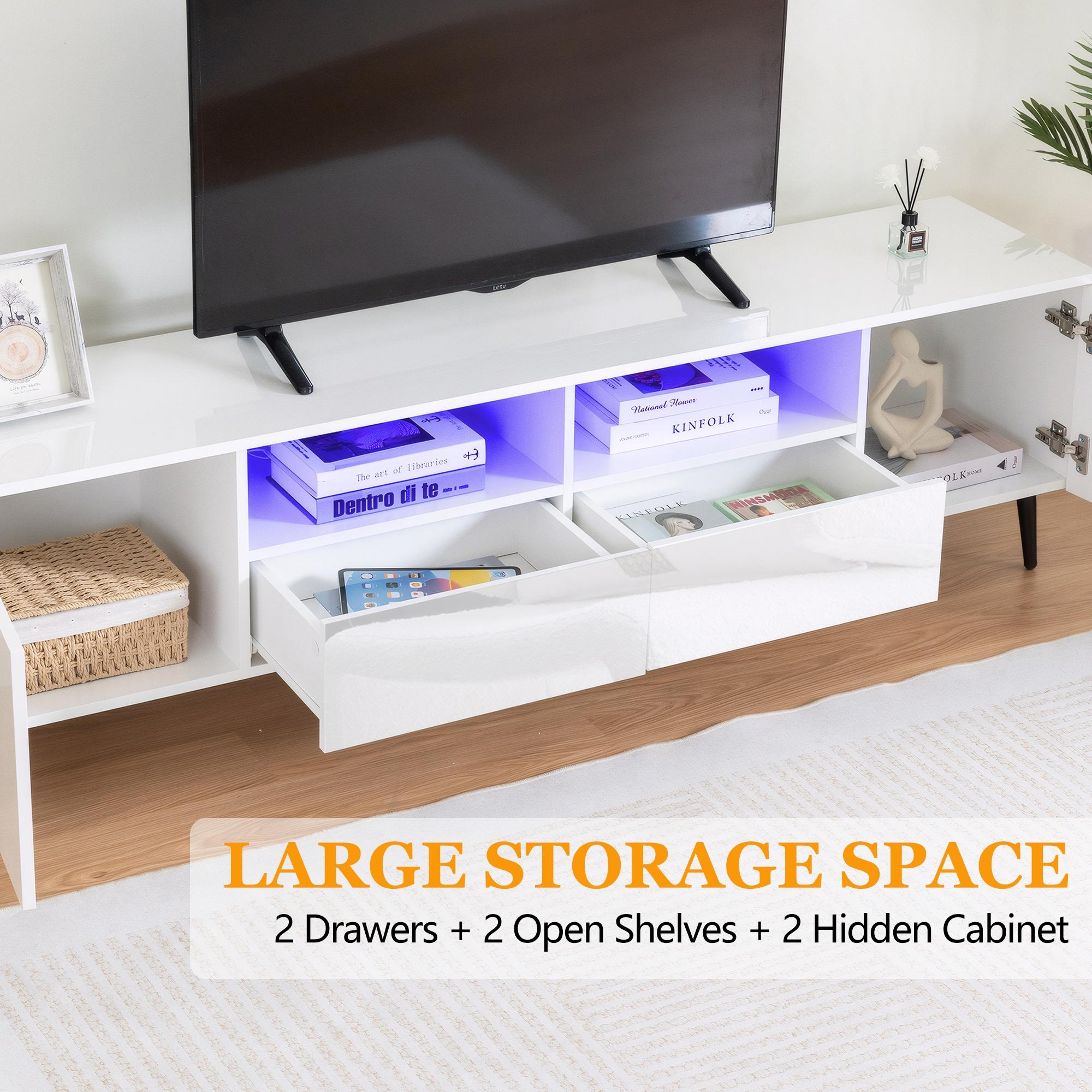 TV Stand for 75 Inch TV, Modern Entertainment Center with RGB LED Lights and Storage Drawers, High Gloss Living Room TV Cabinet, White