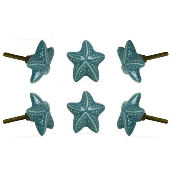 Set of Six Ceramic Starfish Turquoise Cabinet Knobs by Trinca-Ferro