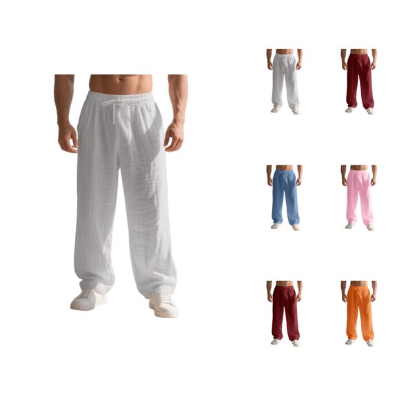 Lightweight Linen Pants Men Summer Elastic Waist Loose Casual Wide Straight Leg Beach Pants with Pockets