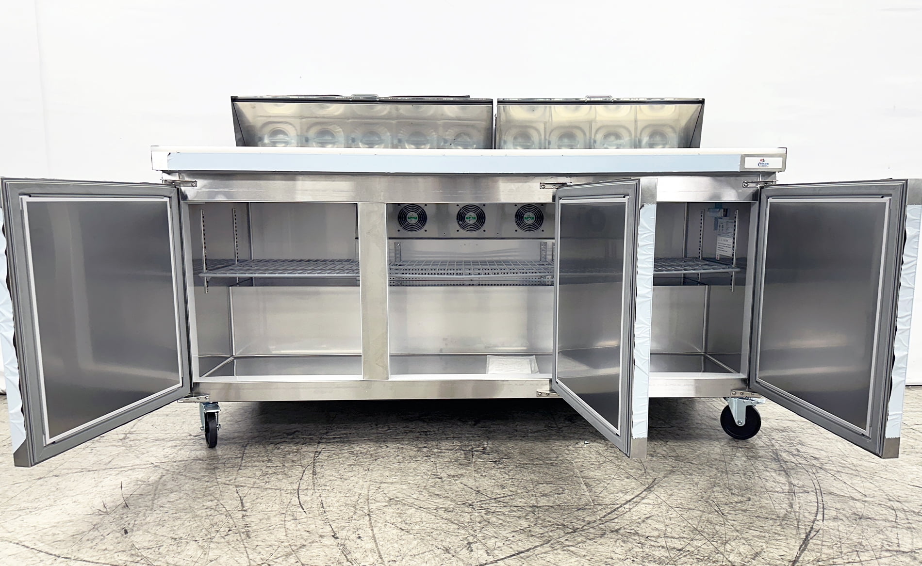 72" Mega Top Sandwich Prep Table Refrigerator, 3-Door NSF Commercial Refrigerated Prep Station, Refrigerated Prep Refrigerator