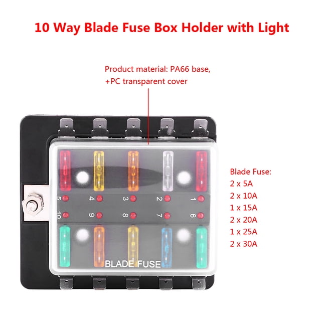 Caja de fusibles de cuchilla Ecomeon 10way con LED luz de advertencia para coche camión Auto Barco marino