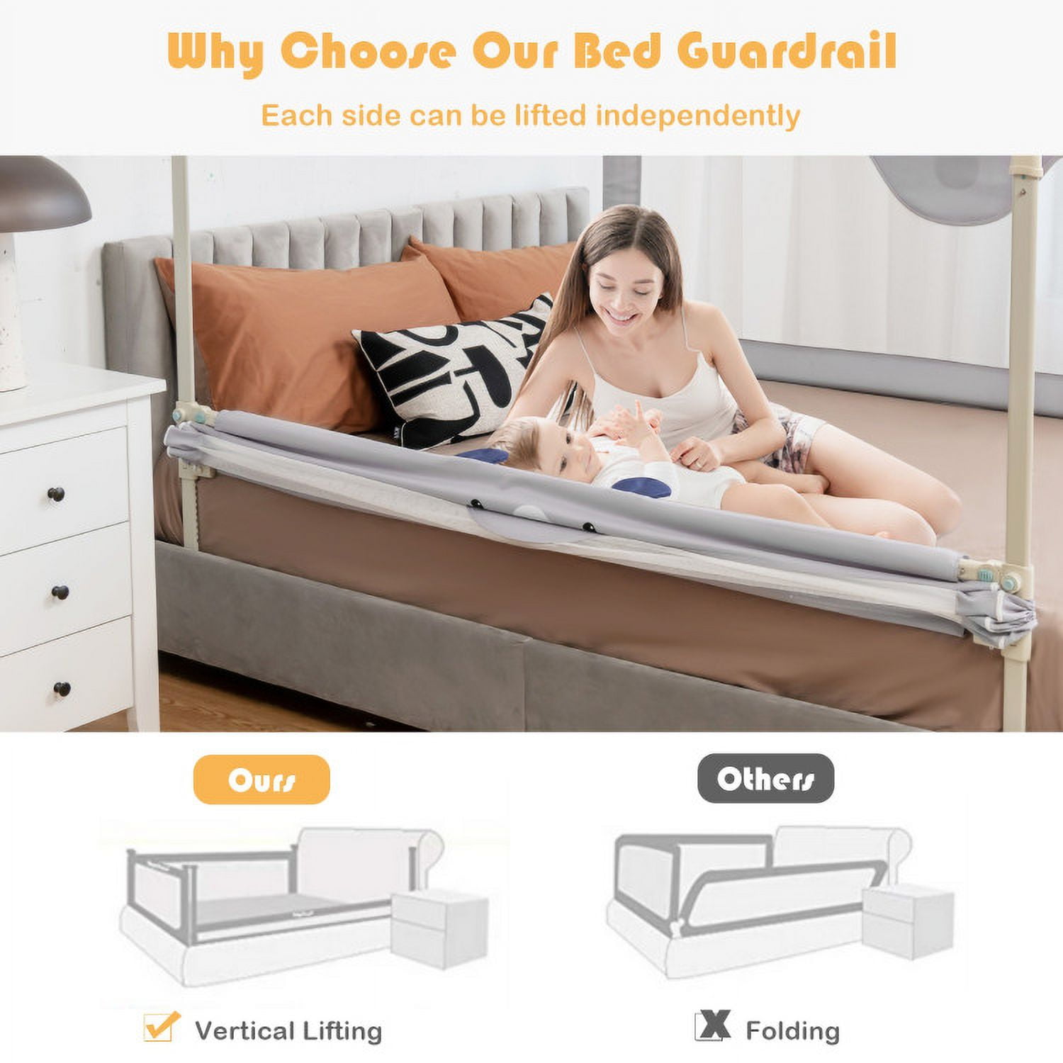 Spaco 69 inch Vertical Lifting Baby Bedrail Guard with Lock, Toddler Bed Rail, Bed Rail for Toddlers, Bed Rail for Queen, King, Twin, and Bunk Size Beds, Gray