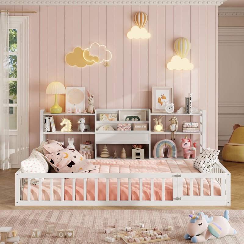 Full Size Floor Bed Platform Bed with Side Bookcase and 3-Tier Storage Shelves, Solid Wood Low Profile Montessori Floor Bed with Safety Guardrails for Kids, Boys, Girls