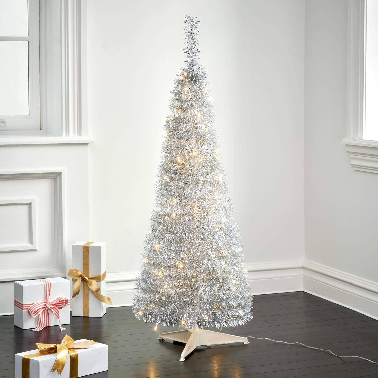 Pop Up Christmas Tree with Lights 4 Ft Silver Tinsel Collapsible 