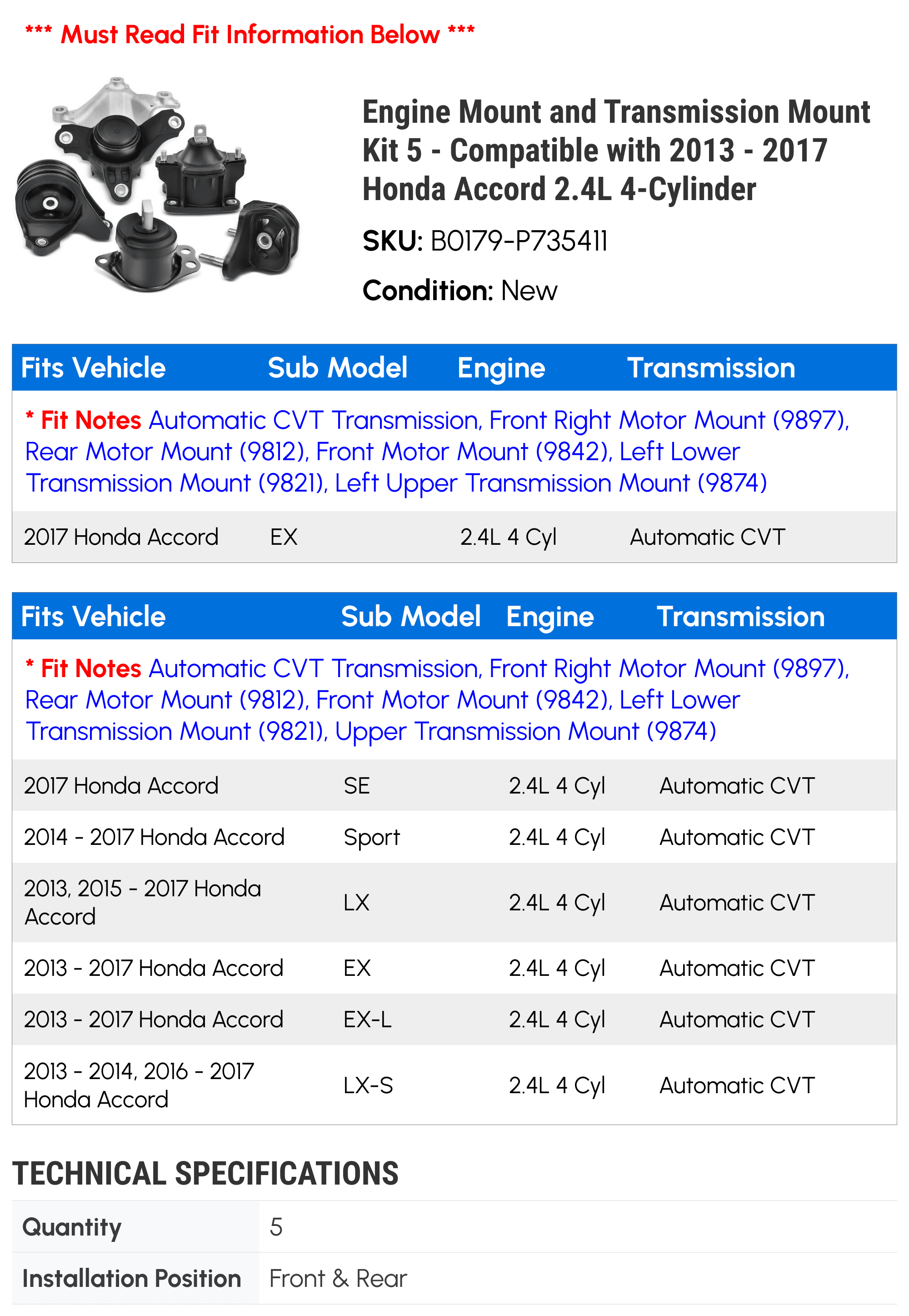 Engine Mount and Transmission Mount Kit 5 - Compatible with 2013 - 2017 Honda Accord 2.4L 4-Cylinder 2014 2015 2016