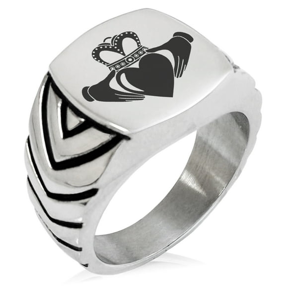 Stainless Steel Celtic Claddagh Unity Chevron Pattern Biker Style Polished Ring