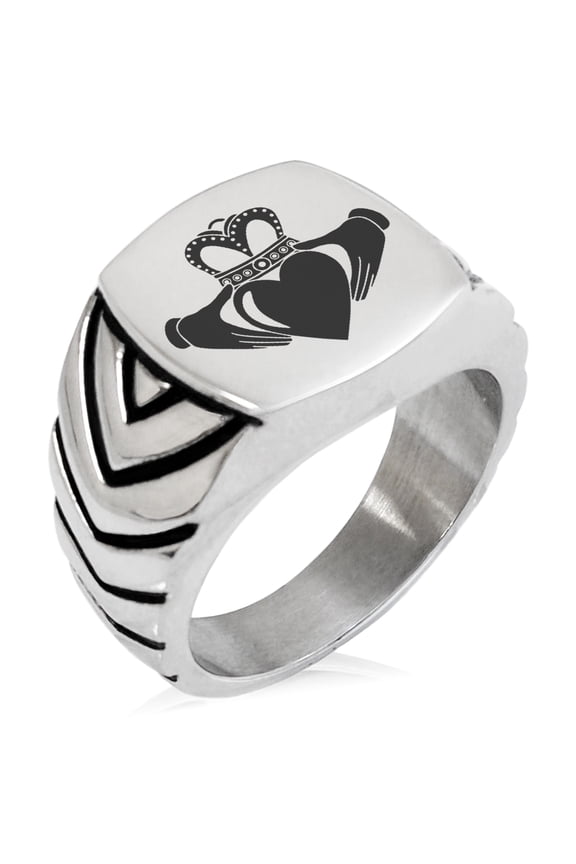 Stainless Steel Celtic Claddagh Unity Chevron Pattern Biker Style Polished Ring