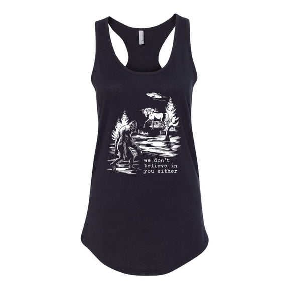 Wild Bobby We Don't Believe Either Bigfoot Unicorns Women Racerback Tank Top