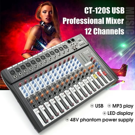 48V Bluetooth Studio Audio Mixer Professional 12 Channels Mixing Console System Fashion DJ Sound XLR LCD With USB Stereo Output Jacks REC Headset