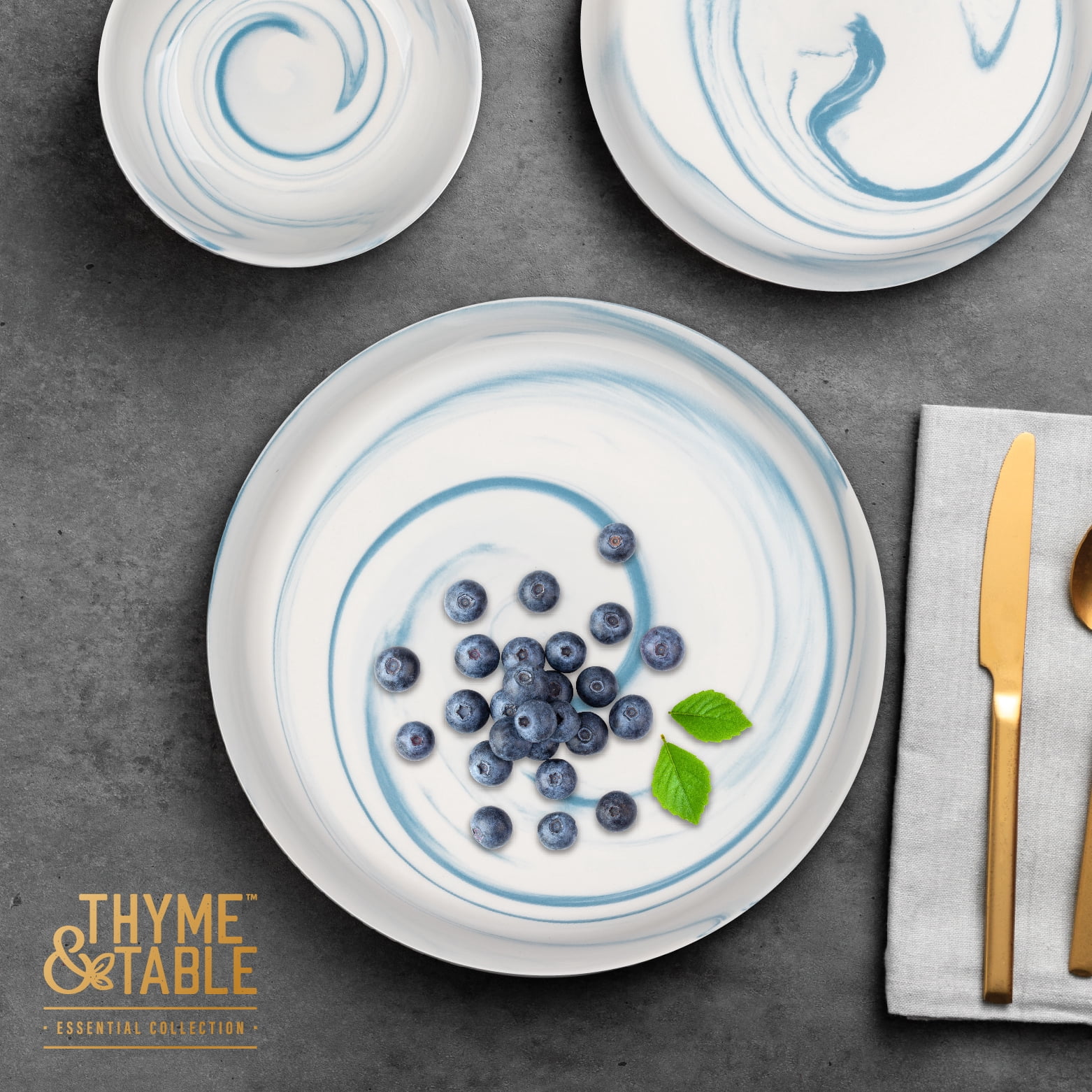 Thyme & Table Blue Marble Stoneware Round Dinner Plate