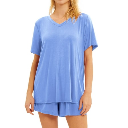 

ZXSXSY Women Solid Color V Neck Short Sleeves Shirt Wide Leg Shorts Pajama Set