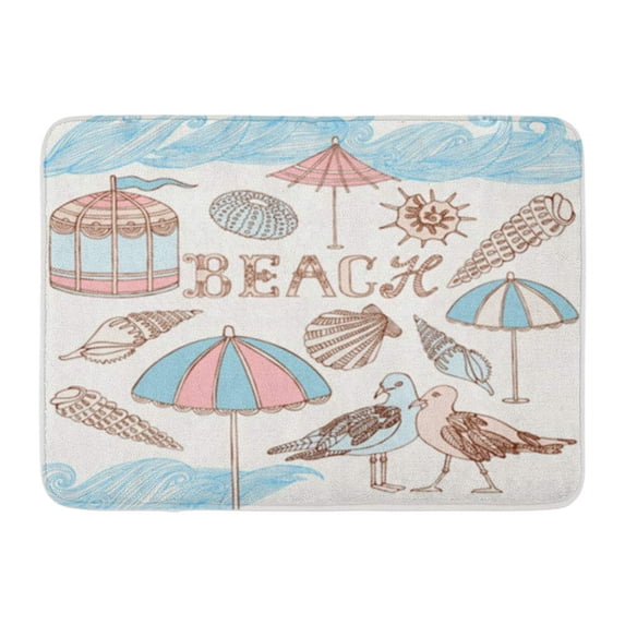 SIDONKU Sea Shells Umbrellas and Gulls Beach Calligraphic Summer Holidays Doormat Floor Rug Bath Mat 30x18 inch