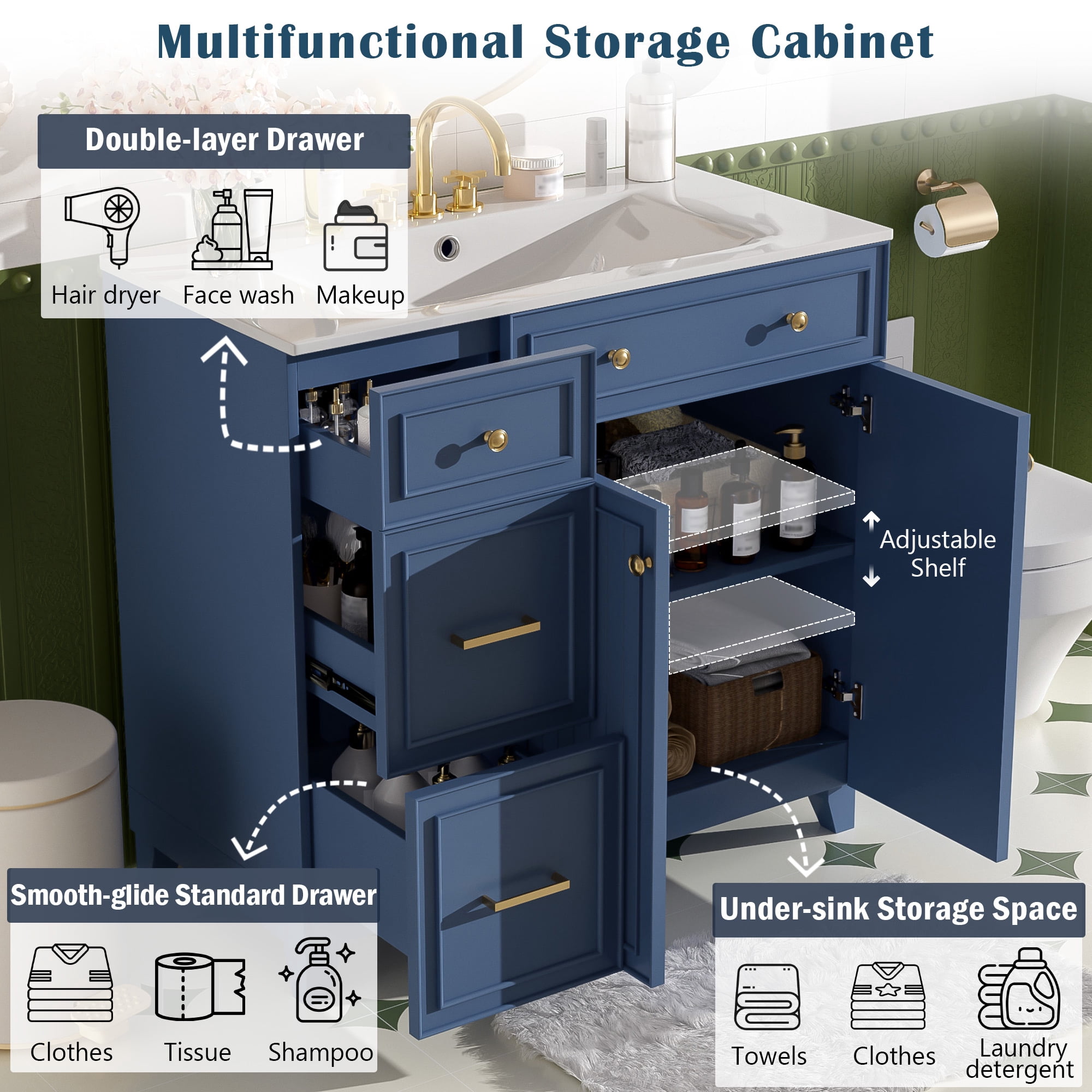 Euroco 36" Bathroom Vanity with Ceramic Sink, Standard and Double-Layer Drawers, Soft Close Doors, Adjustable Shelves, Modern Storage Cabinet for Small and Medium Bathrooms