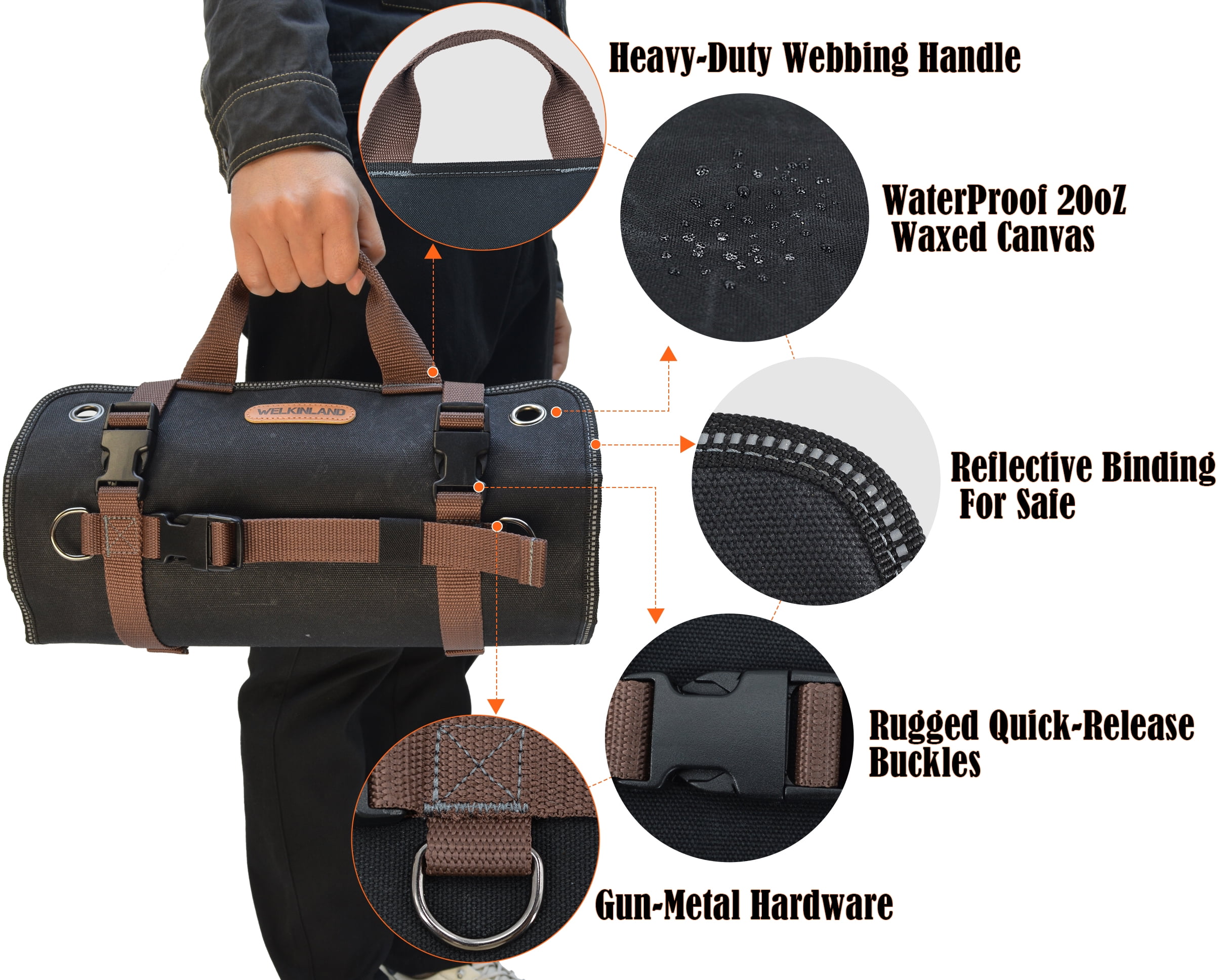WELKINLAND Heavy-Duty Waxed Canvas 15-Pockets Tool Roll, 15L, Black
