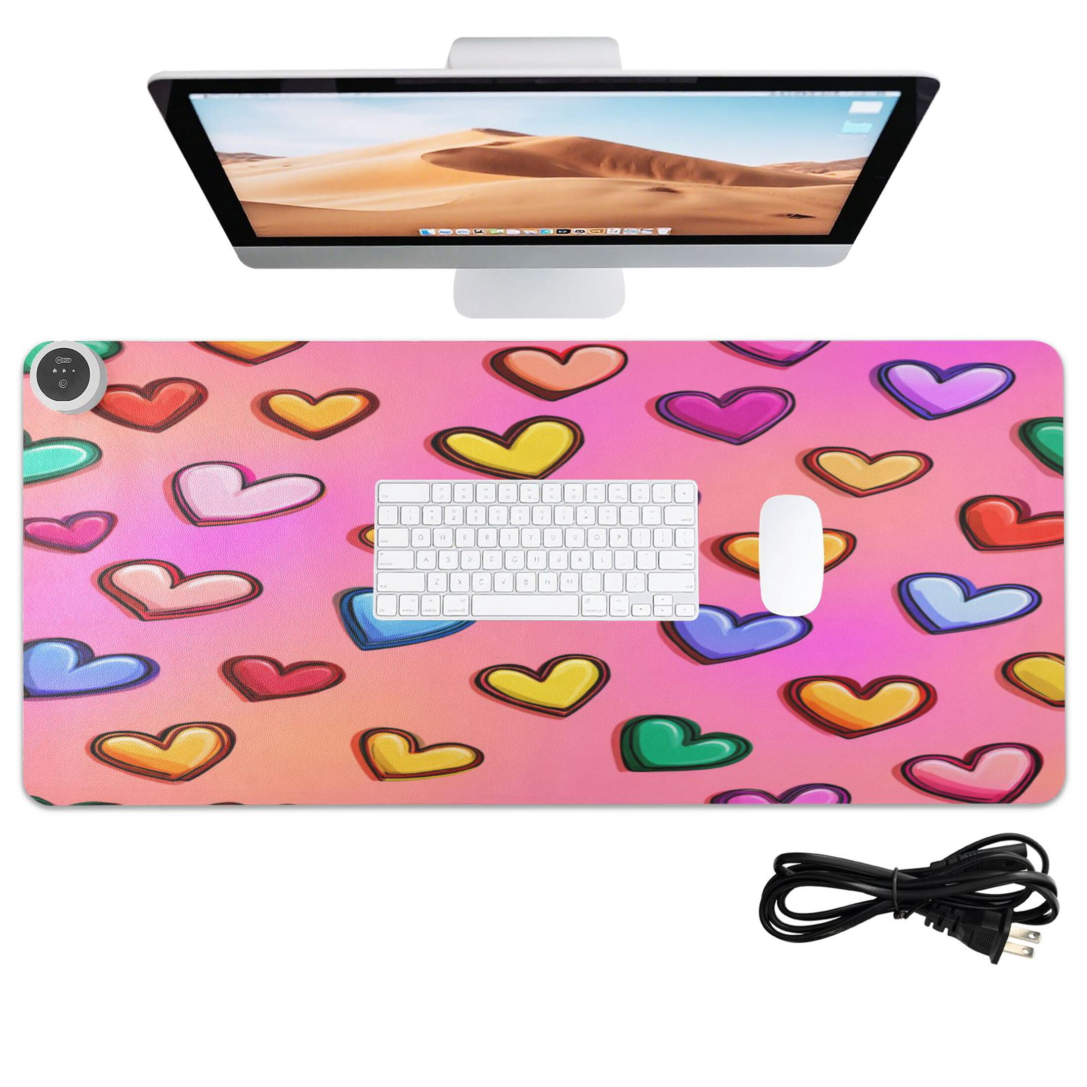 Large Heated Desk Mat Mouse Pad 31.5"x13"PU Leather Graphene Heating Desk Warmer with 3 Temperature Settings 110V US Plug Non-Slip Warm Pad for Home, Office, and Gaming Rainbow Heart Seamless Print