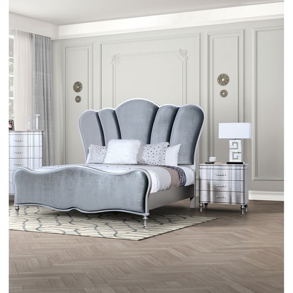 Miekor Furniture Lovely Attracting Bedroom 3pc Set Queen Size Bed 2x Nightstands Light Gray Fabric Padded HB Wood Leg Silver Color MK2115