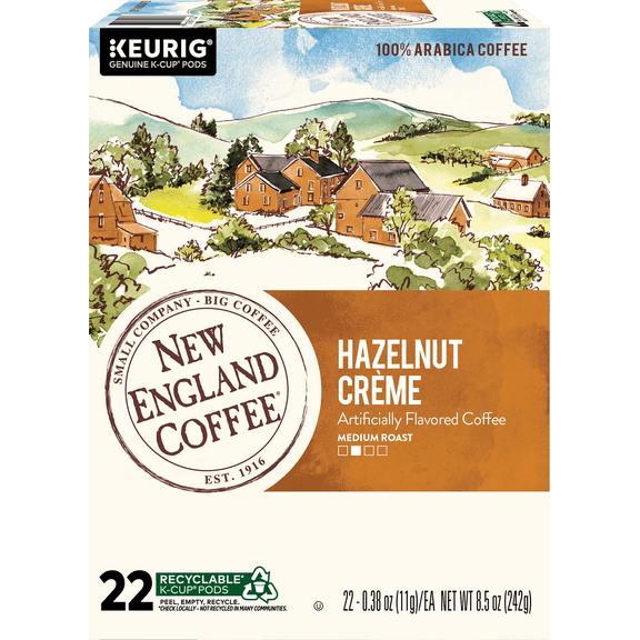 New England Coffee Hazelnut Crème, Medium Roast, Keurig K-Cup Coffee Pods, 22 Count Box