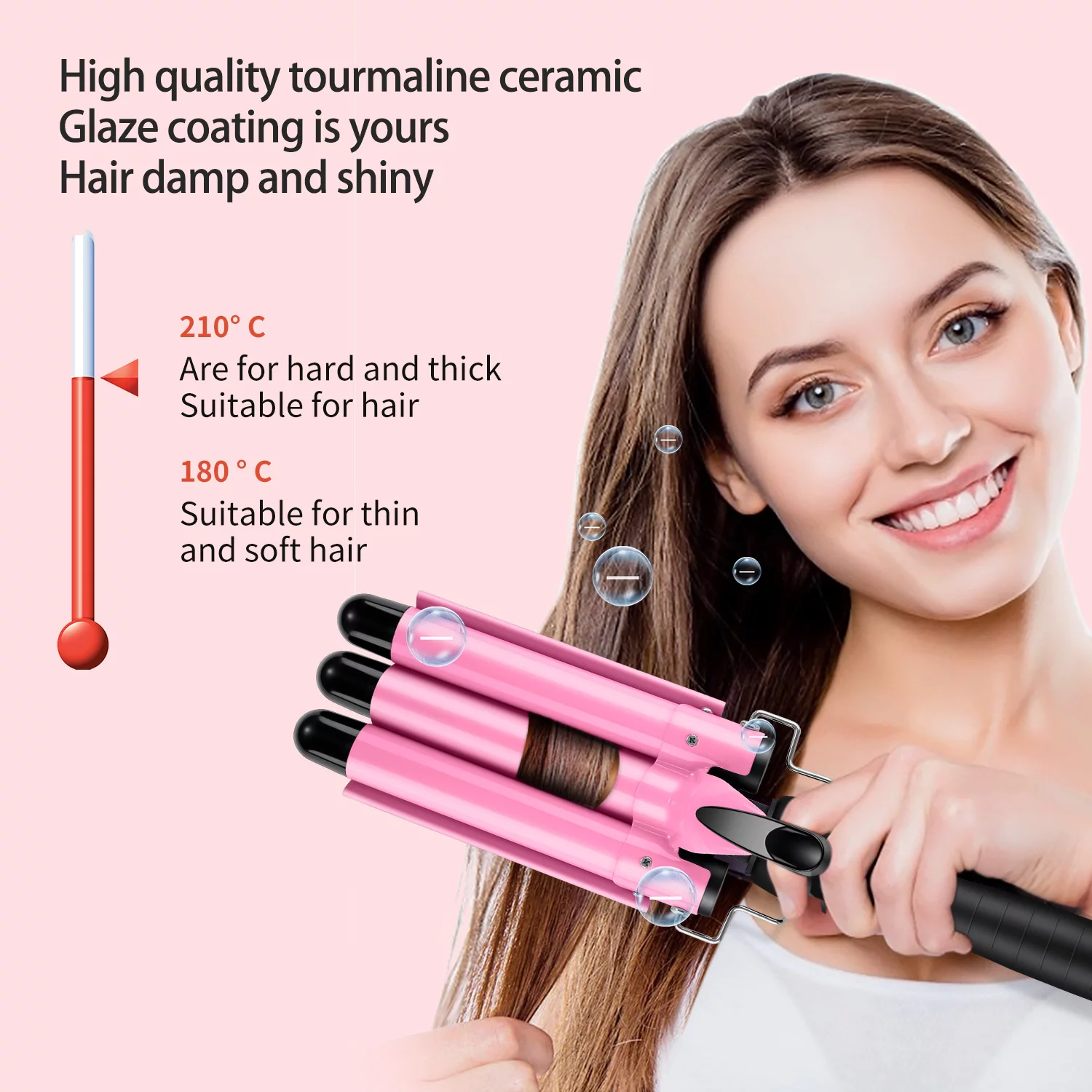 3 BARREL CURLING IRON WAND, JUNGLE WAVE 1″ CERAMIC TRIPLE BARRELS HAIR CRIMPER WITH LCD DISPLAY, GIFT FOR MOTHER’S DAY, PINK