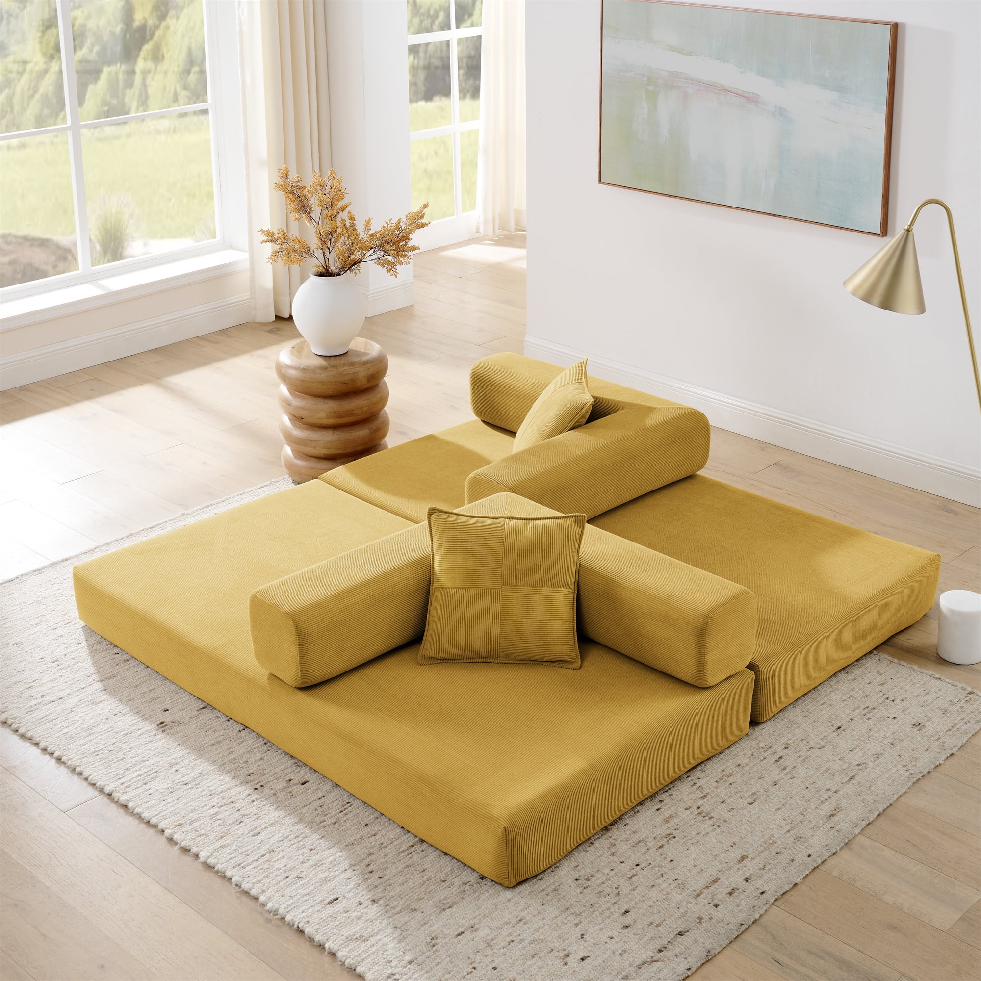 Jopath 78" Convertible Sofa Bed with Fixed-Shape Frame and Removable Armrests,Futon Boneless Couch Lounge Loveseat with 2 Pillows,Folding Mattress Couch for Living Room,No Assembly Needed,Yellow
