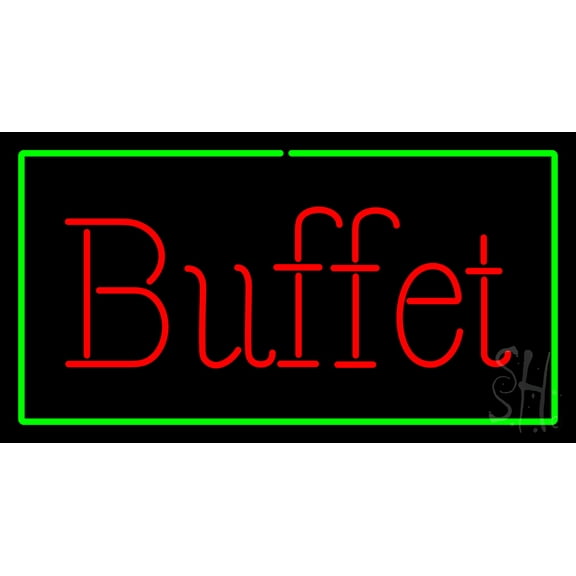 Buffet Rectangle Green LED Neon Sign 13 x 24 - inches, Clear Edge Cut Acrylic Backing, with Dimmer - Bright and Premium built indoor LED Neon Sign for restaurant window and interior decor.