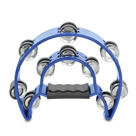 Flexzion Half Moon Musical Tambourine Double Row Metal Jingles Hand Held Percussion Drum for Gift KTV, Party, Kids Toy with Ergonomic Handle Grip, Blue