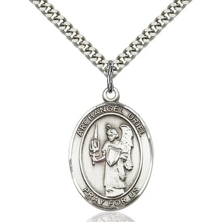 Large Detailed Men's.925 Sterling Silver Saint St. Uriel Medal Pendant 1 x 3/4 On a Stainless Silver Curb Chain Necklace Gift Boxed