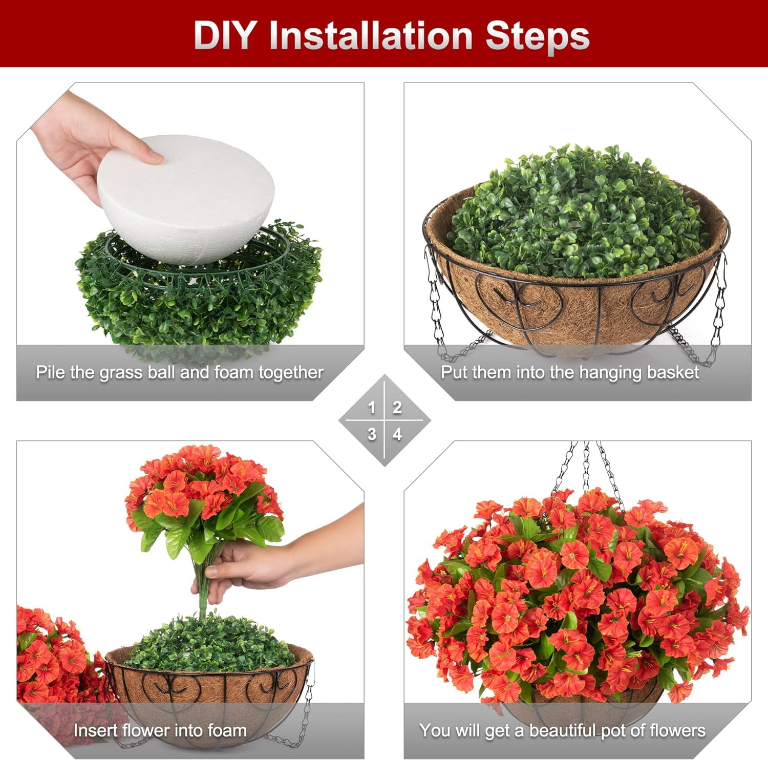 Artificial Fake Hanging Flowers Plants Baskets for Outdoor Outside Summer Decoration, Faux Silk Morning Glory in Planter UV Resistant Realistic for Home Porch Patio Balcony Garden Yard