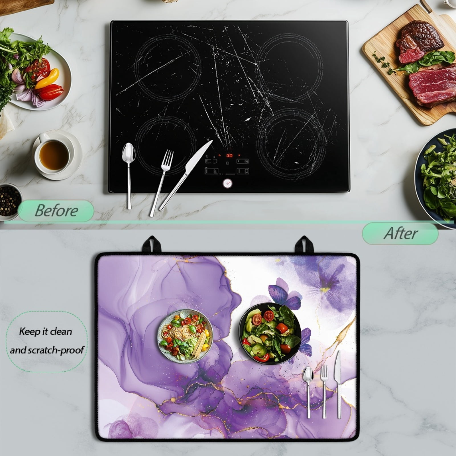 Renewold Glass Top Stove Cover Electric Stove Mat Foldable Non-slip Cooktop Mat Multipurpose Washer Dryer Top Protector Range Cover for Kitchen Counter, Butterfly Violet Marble