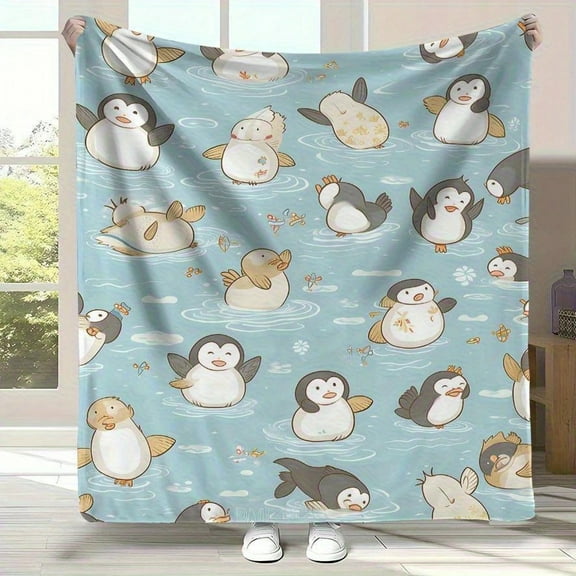 Adorable Penguin Print Flannel Blanket - Soft Plush Fleece All-Season Lightweight Throw, 280 GSM Cozy Bed & Sofa Blanket with Cute Penguin & Icebergs Design, Contemporary & Animal Pattern for Bed, Co