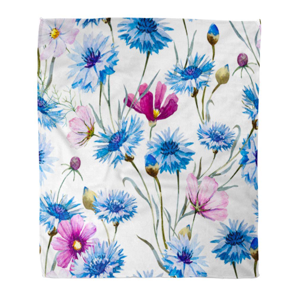 ASHLEIGH Throw Blanket Warm Cozy Print Flannel Watercolor Floral Pattern Blue Flower Cornflower