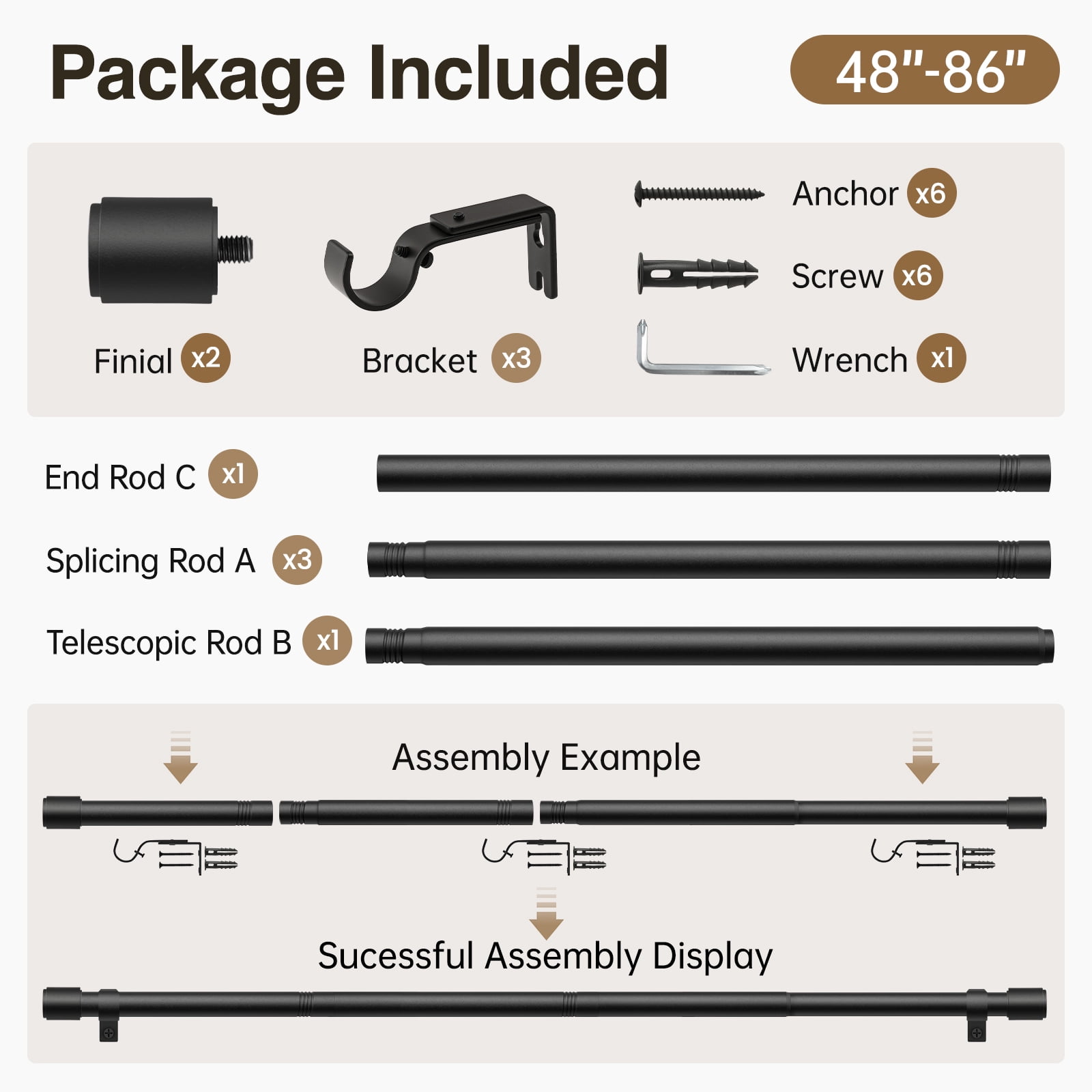 Newburos Heavy Duty Curtain Rods,1 Inch Black Curtain Rod Adjustable for Windows 48 to 86 Inch with Metal Finials,Easy Installation and Modern Design for Living Room & Bedroom