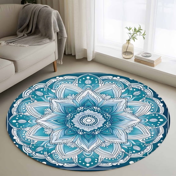 Teal Blue Boho Round Rug 3ft Washable Circle Entryway Rugs Non Slip Abstract Floral Ethnic Tribal Modern Area Rug Indoor Floor Carpet for Bedroom Kitchen Living Room Home Office Dining Room Nursery