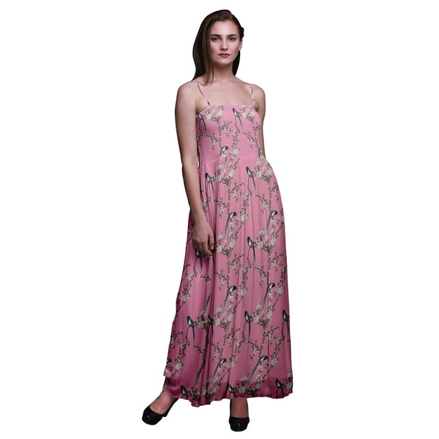 Bimba Blossom & Paradise Whydah Bird Bimba Robe à Bretelles Spaghetti Imprimée pour Femmes, Fluide, Smockée - Grand