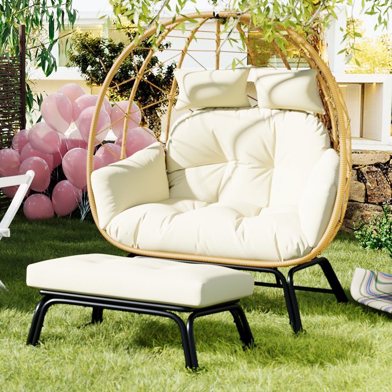 FKSLIFE 2Person Wicker Egg Chair, Rattan Stationary-footrest